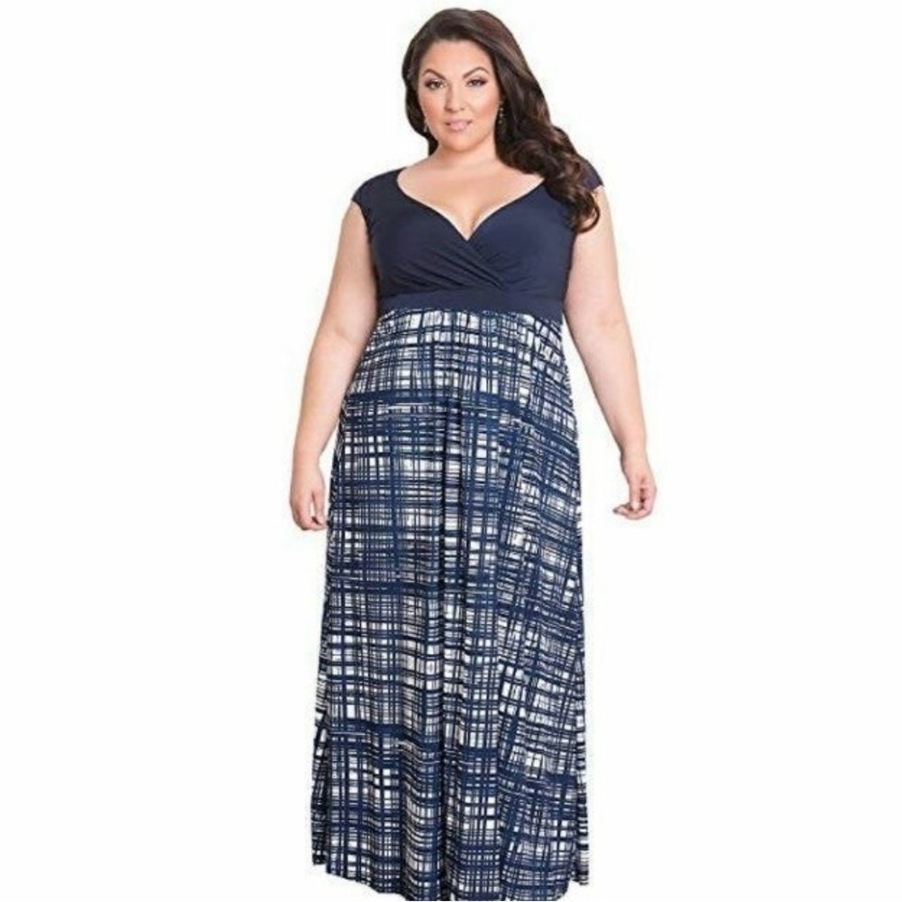 Igigi Valencia Empire Maxi Dress Plus 14/16 Navy Blue & White Plaid, Cap Sleeves